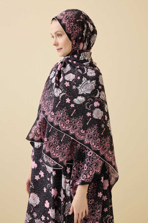 Rose Lace Black Crepe Silk Kaftan Shawl