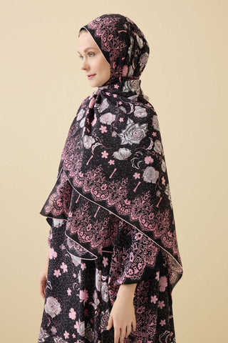 Gül Dantel Siyah Krep İpek Kaftan Şal 70x210