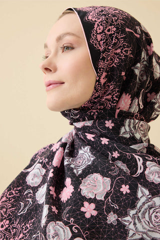 Gül Dantel Siyah Krep İpek Kaftan Şal 70x210