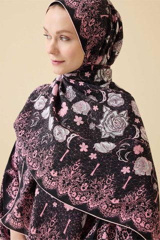 Gül Dantel Siyah Krep İpek Kaftan Şal 70x210