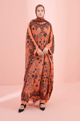 Gül Dantel Somon Krep İpek Kaftan