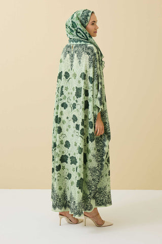 Gül Dantel Yeşil Krep İpek Kaftan