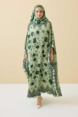Gül Dantel Yeşil Krep İpek Kaftan
