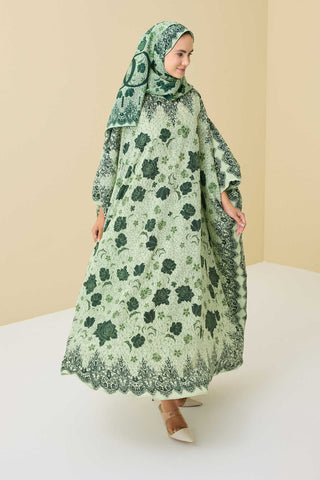 Gül Dantel Yeşil Krep İpek Kaftan