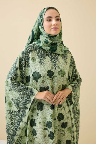Gül Dantel Yeşil Krep İpek Kaftan