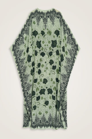 Gül Dantel Yeşil Krep İpek Kaftan