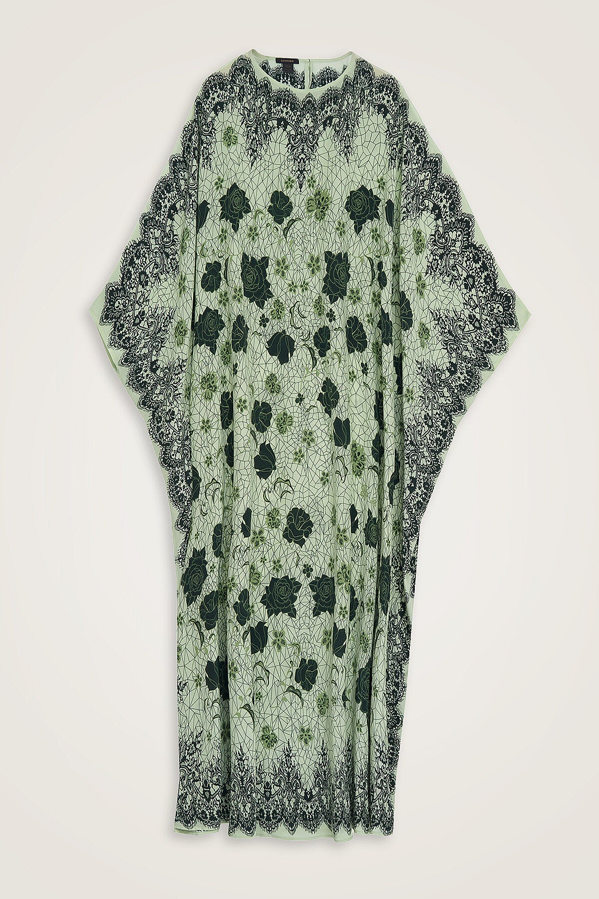 Gül Dantel Yeşil Krep İpek Kaftan