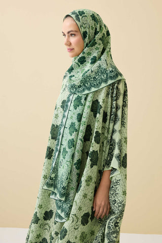 Gül Dantel Yeşil Krep İpek Kaftan Şal 70x210