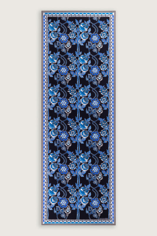 Gül Sarmaşık Saks-Siyah Floş Viskon Şal 70x210