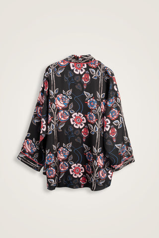 Gül Sarmaşık Siyah Tivil İpek Kısa Kimono