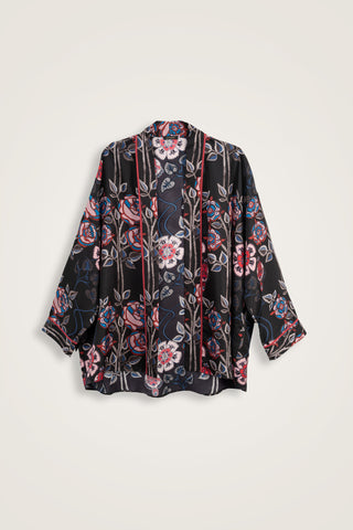 Gül Sarmaşık Siyah Tivil İpek Kısa Kimono