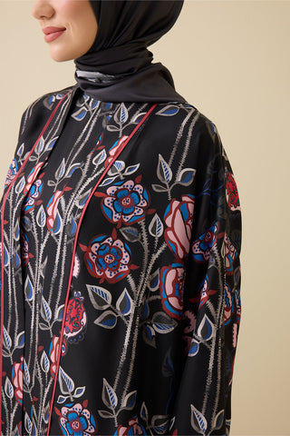 Gül Sarmaşık Siyah Tivil İpek Kısa Kimono