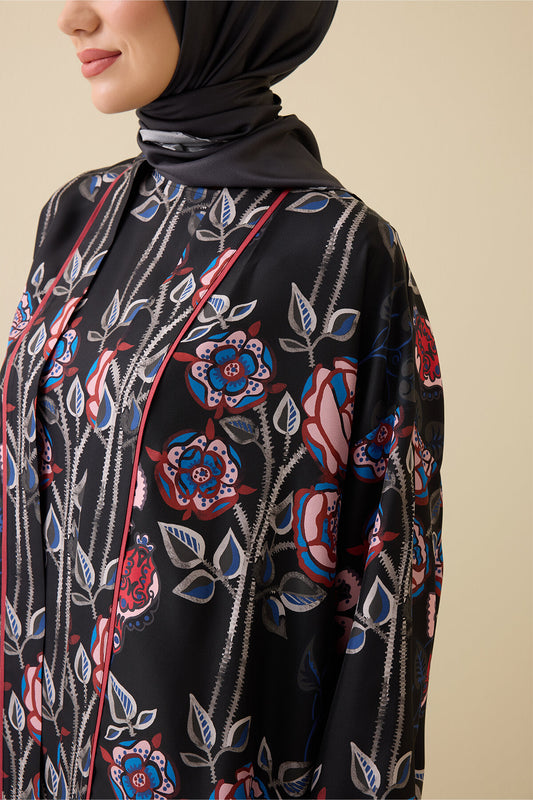 Gül Sarmaşık Siyah Tivil İpek Kısa Kimono