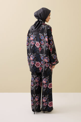 Gül Sarmaşık Siyah Tivil İpek Kısa Kimono
