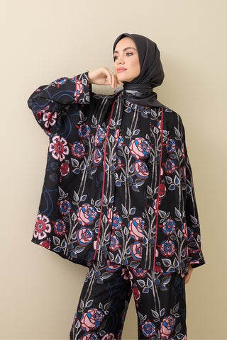 Gül Sarmaşık Siyah Tivil İpek Kısa Kimono