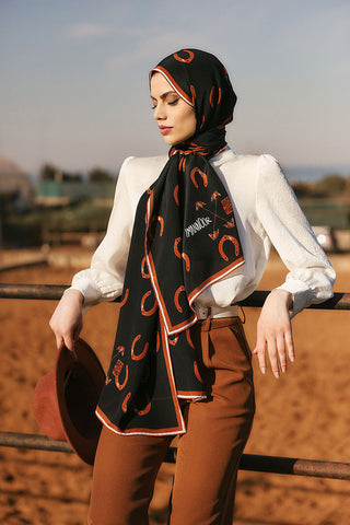 Gülsarı Siyah-Bakır Krep İpek Şal 70x210
