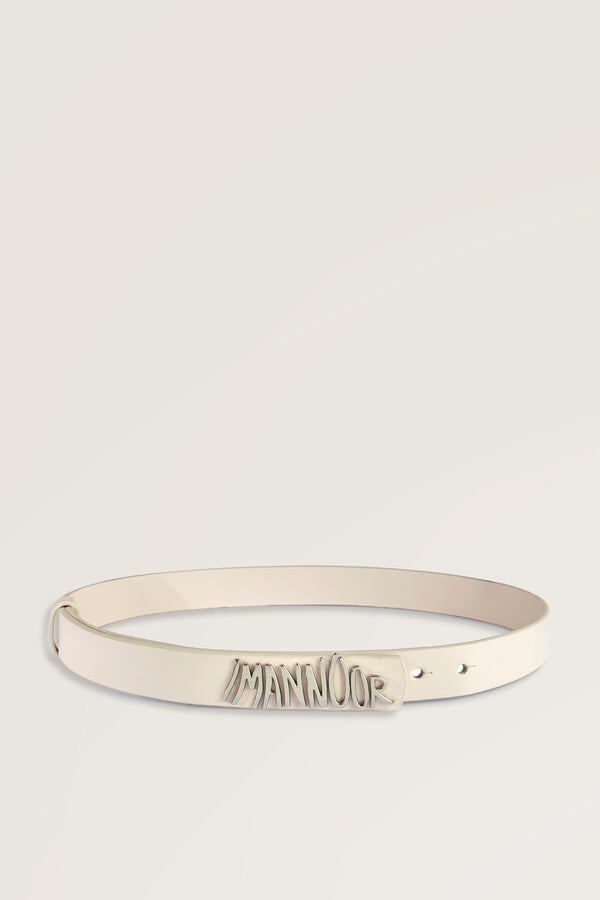 Cream Leather Belt with Silver Accessories