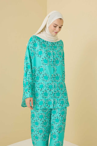Halkalar Turkuaz Krep İpek Pijama Gömlek