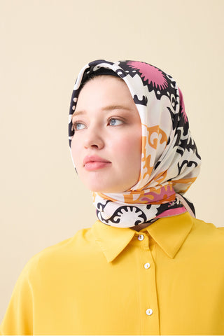 Hayat Pembe-Somon Çift Taraflı Tivil İpek Eşarp 90x90