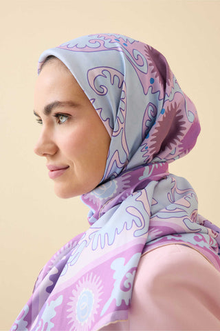 Hayat Pembe-Turkuaz Çift Taraflı Tivil İpek Eşarp 90x90
