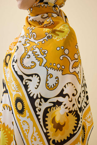 Hayat Sarı Krep İpek Kaftan Şal 70x210