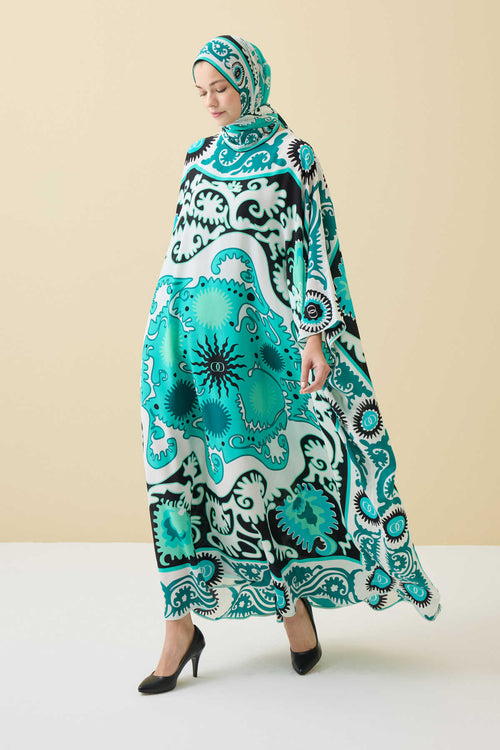 Hayat Turkuaz İpek Kaftan