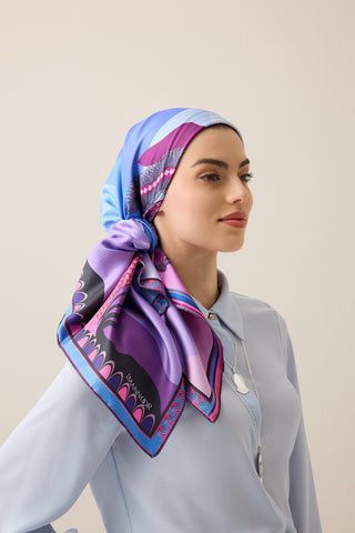 Hurma Ağacı Mavi-Fuşya Çift Taraflı Tivil İpek Eşarp 94x94