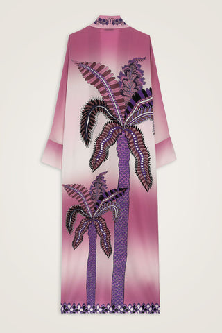 Hurma Ağacı Pembe Krep İpek Uzun Kimono