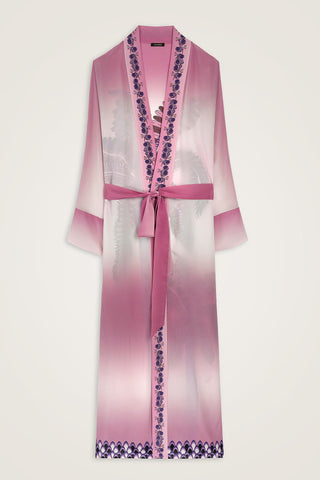 Hurma Ağacı Pembe Krep İpek Uzun Kimono