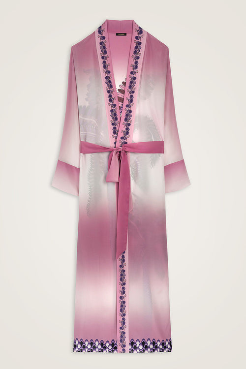 Hurma Ağacı Pembe Krep İpek Uzun Kimono