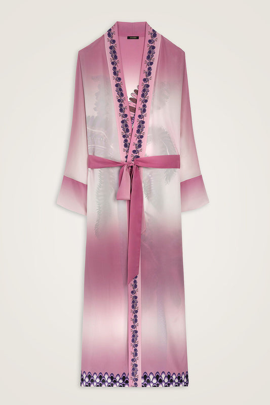 Hurma Ağacı Pembe Krep İpek Uzun Kimono