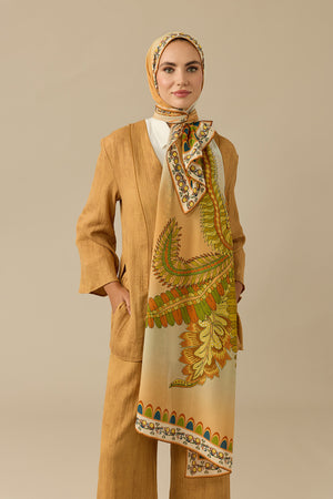 Hurma Ağacı Sarı Krep İpek Kimono Şalı 70x210