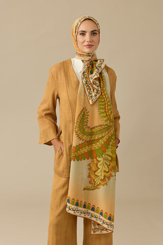 Hurma Ağacı Sarı Krep İpek Kimono Şalı 70x210