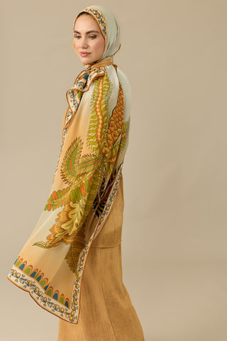 Hurma Ağacı Sarı Krep İpek Kimono Şalı 70x210