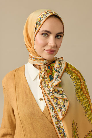 Hurma Ağacı Sarı Krep İpek Kimono Şalı 70x210