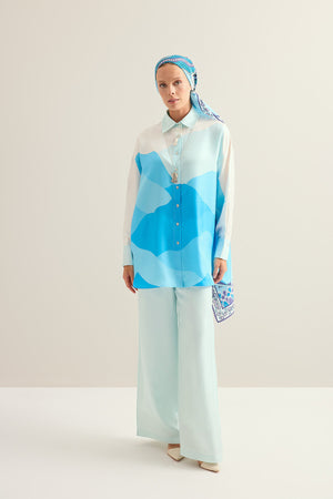 Date Palm Tree Twill Blue Silk Shirt