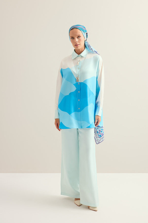 Date Palm Tree Twill Blue Silk Shirt