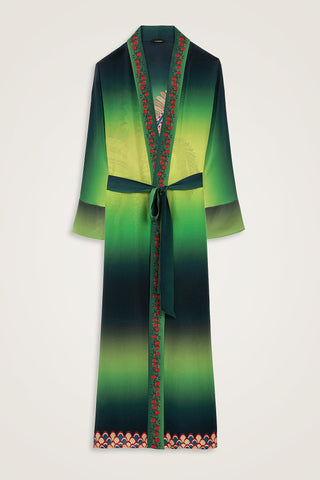 Hurma Ağacı Yeşil Krep İpek Uzun Kimono
