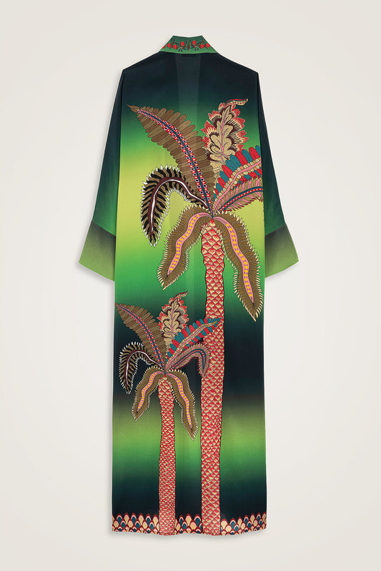 Hurma Ağacı Yeşil Krep İpek Uzun Kimono