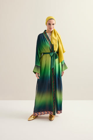 Hurma Ağacı Yeşil Krep İpek Uzun Kimono