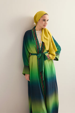 Hurma Ağacı Yeşil Krep İpek Uzun Kimono