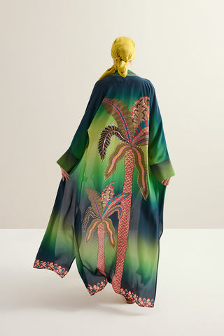 Hurma Ağacı Yeşil Krep İpek Uzun Kimono