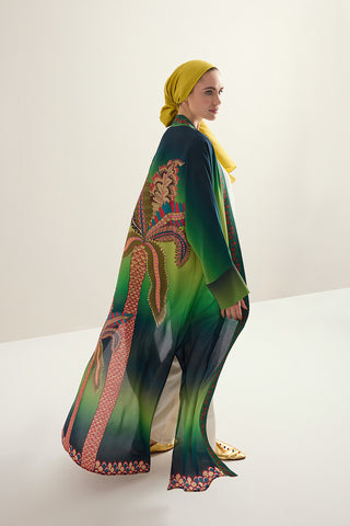Hurma Ağacı Yeşil Krep İpek Uzun Kimono