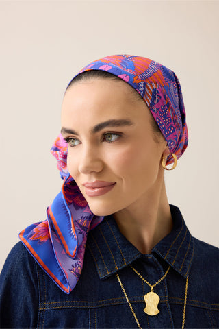 Hurma Dalı Mor-Lila Çift Taraflı Tivil İpek Eşarp 94x94