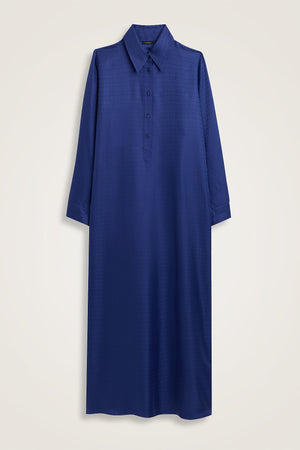 Iman I Night Blue Jacquard Silk Buttoned Shirt Dress