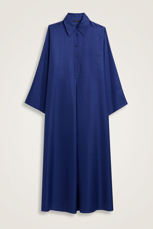 Iman I Night Blue Pleated Buttoned Jacquard Silk Dress