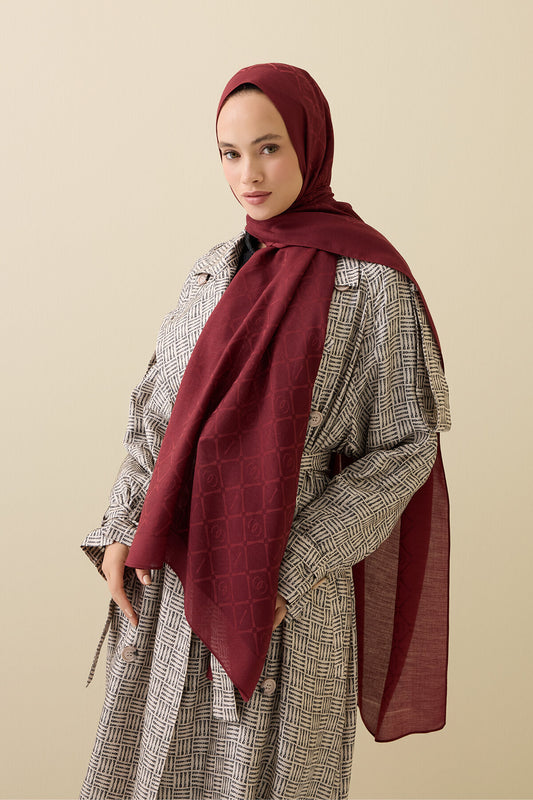 İman I Kafes Bordo Tencel Pamuk İpek Şal 70x200