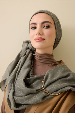 İman I Kafes Haki Tencel Pamuk İpek Şal 70x200