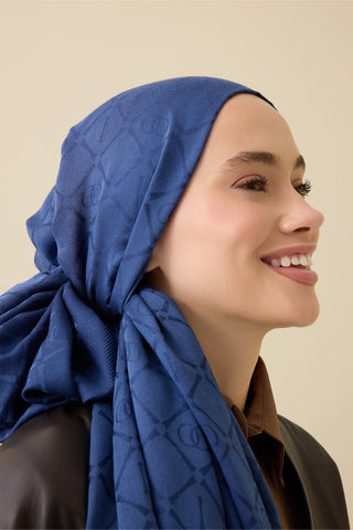 İman I Kafes Lacivert Tencel Pamuk İpek Şal 70x200