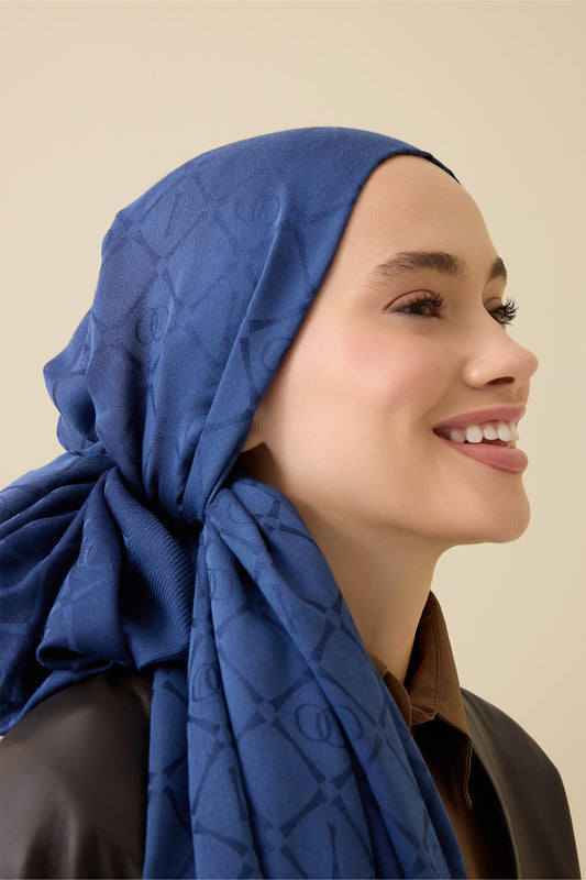 İman I Kafes Lacivert Tencel Pamuk İpek Şal 70x200